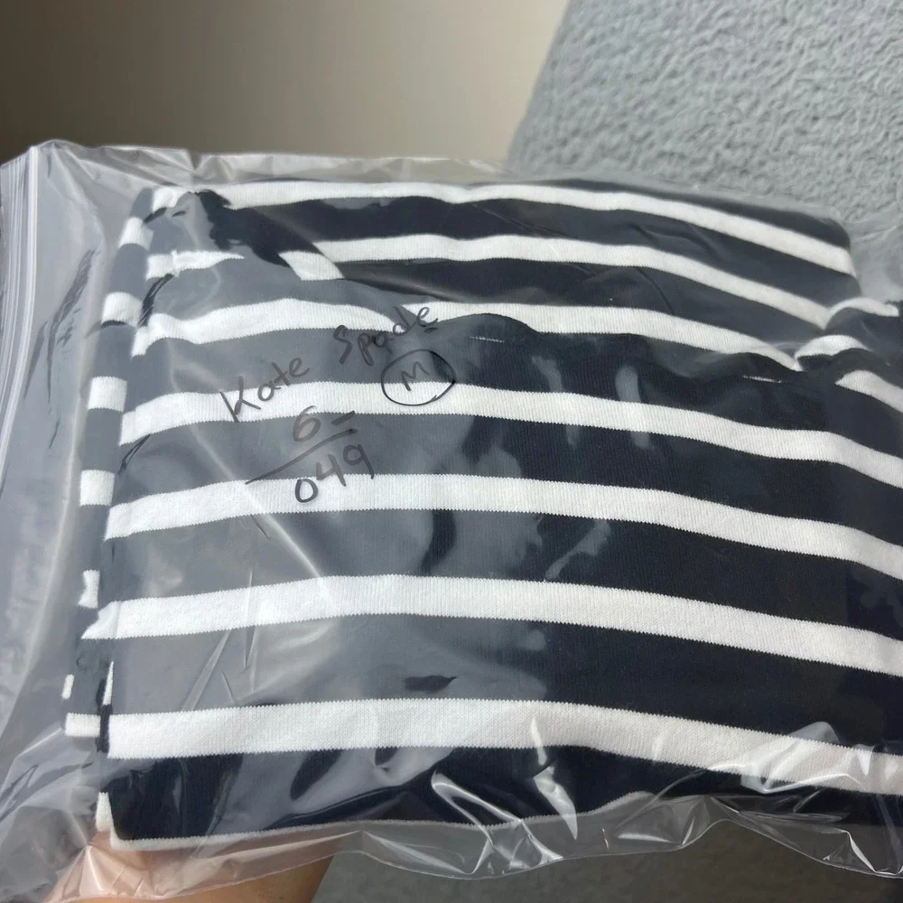 Kate Spade Black White Striped Scalloped Neck Long Sleeve Cotton Top Nautical T